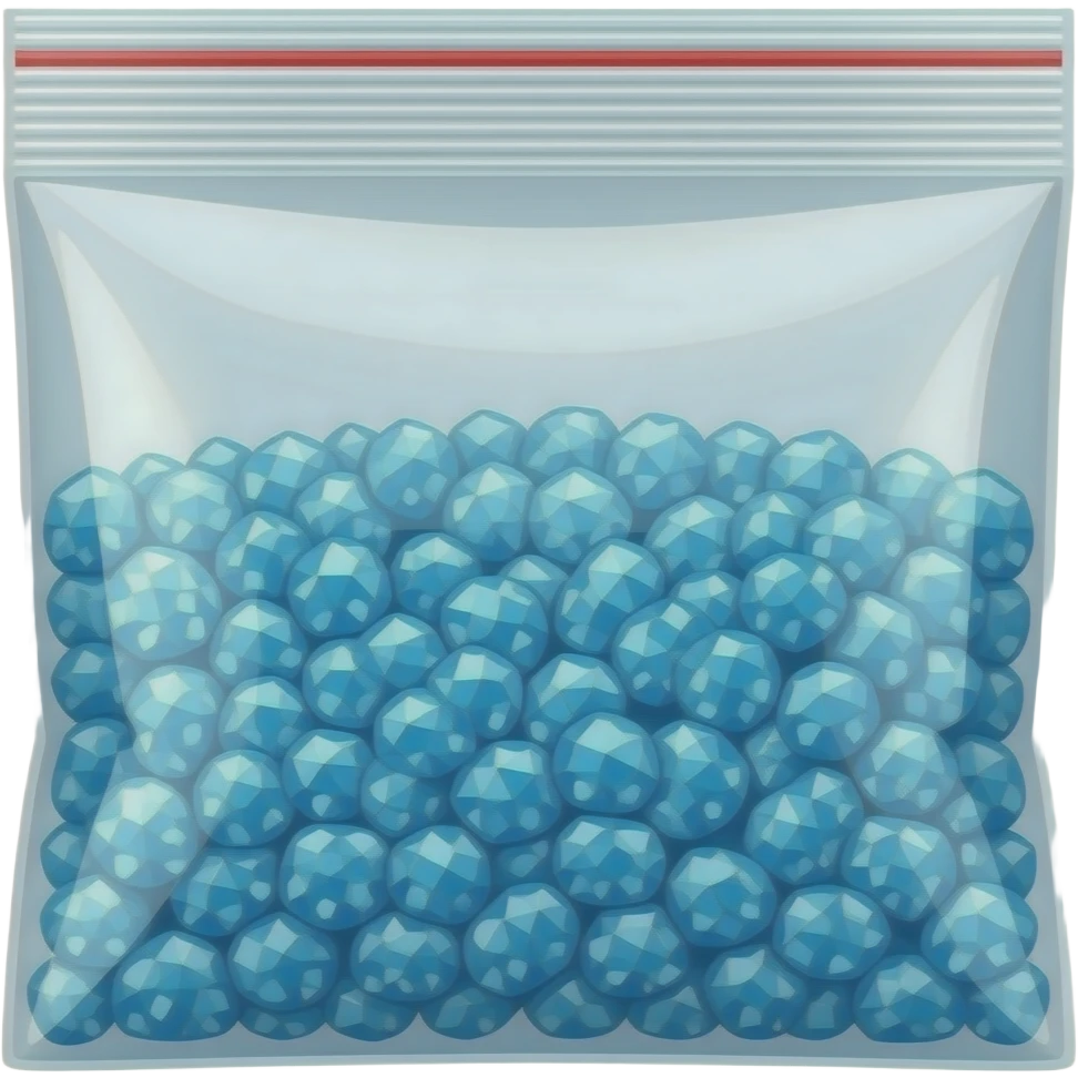 a plastic ziplock bag with blue sparkly candy crystals emoji
