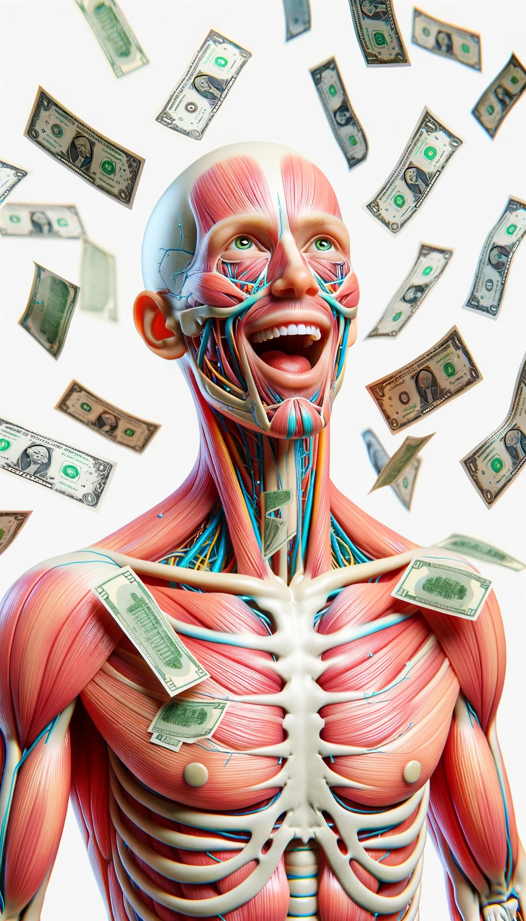 corpo umano anatomico sereno e felice con banconote sparse appiccicate sul corpo, colori realistici del corpo, espressione stupita, iperrealistica 4k, isolato su sfondo bianco emoji