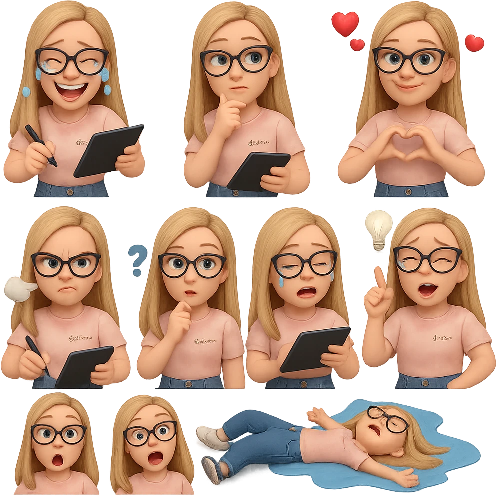 «Создай набор из 10 наклеек в стиле 3D cartoon  женского персонажа (30 лет выглядит моложе)  с прямыми светло русыми волосами ниже лопаток, светлой кожей, большими выразительными голубыми глазами, черные очки для зрения формы кошачий глаз, нос чуть с горбинкой.
Персонаж должен носить пастельную розово-бежевую тай дай футболку с вышивкой @ByUnicorn, голубые джинсы фасона мом, персонаж должен иметь разные выражения: смех до слез, задумчивость, влюбленность (с сердцами вокруг головы), улыбка и создает сердце руками, злость с паром из носа, растерянность (со знаком вопроса), наличие идеи (с зажженной лампочкой), плач со слезами из глаз, удивление с открытым ртом, лежит на спине раскинула руки и ноги в стороны в луже слез. Размер картинки не ограниченный, чтобы все наклейки вместились без обрезки. Стиль мультяшный  DreamWorks, мягкий свет, прозрачный фон, и добавь персонажу в руки графический планшет следи чтобы выглядело органично, красиво, не нарушая законы природы и физики, можешь добавить в другую руку перо от графического планшета, если это будет позволять смысл стикера» emoji