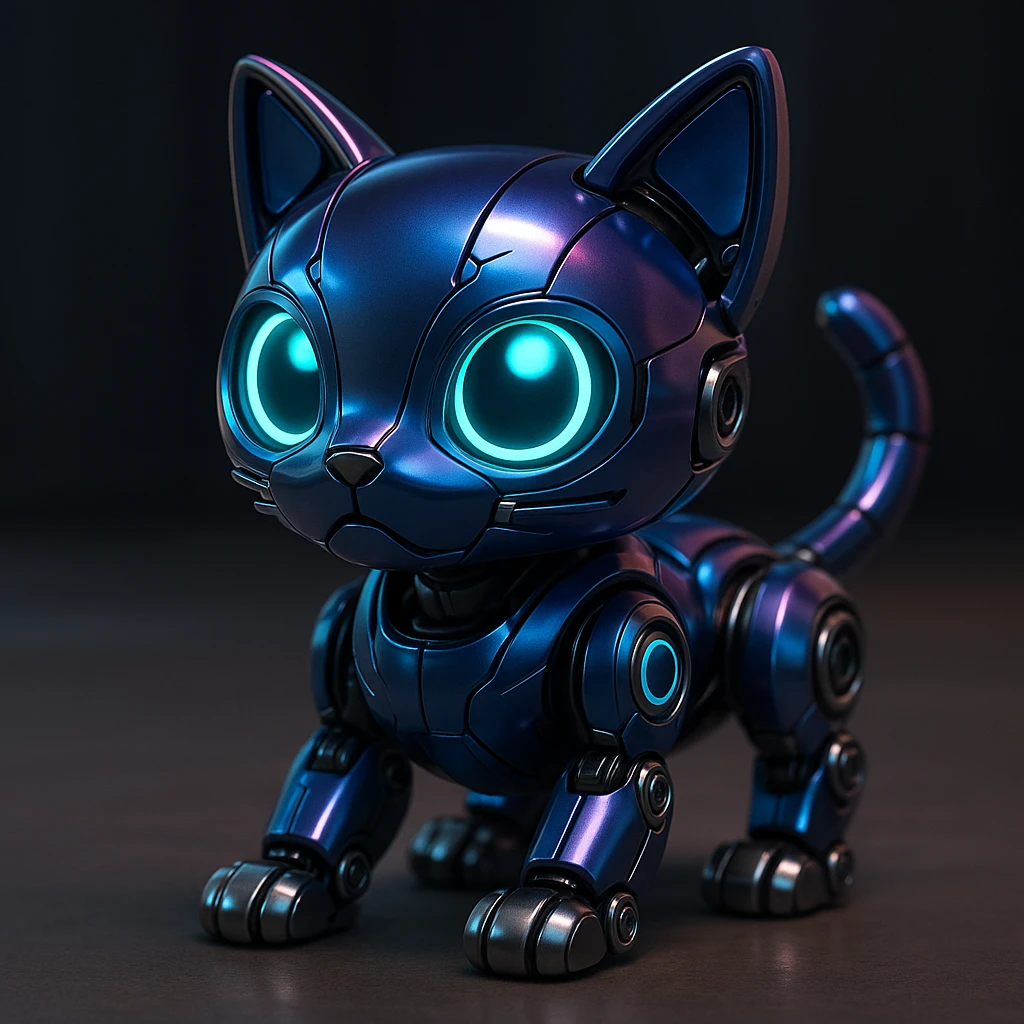 stylized cat robotic toy, metallic details emoji