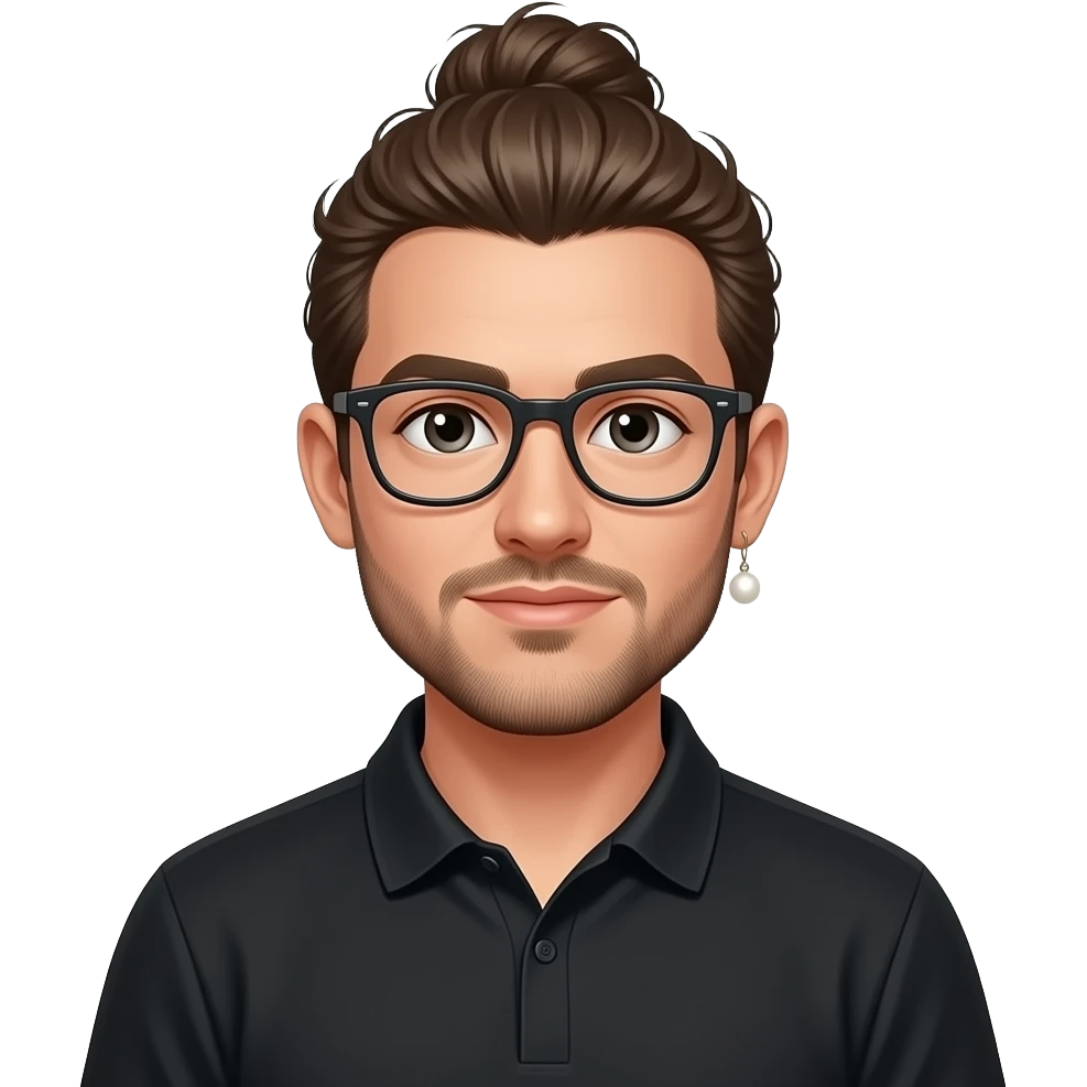 Men with a Messy bun and glasses, long earing with white pearl and black polo emoji