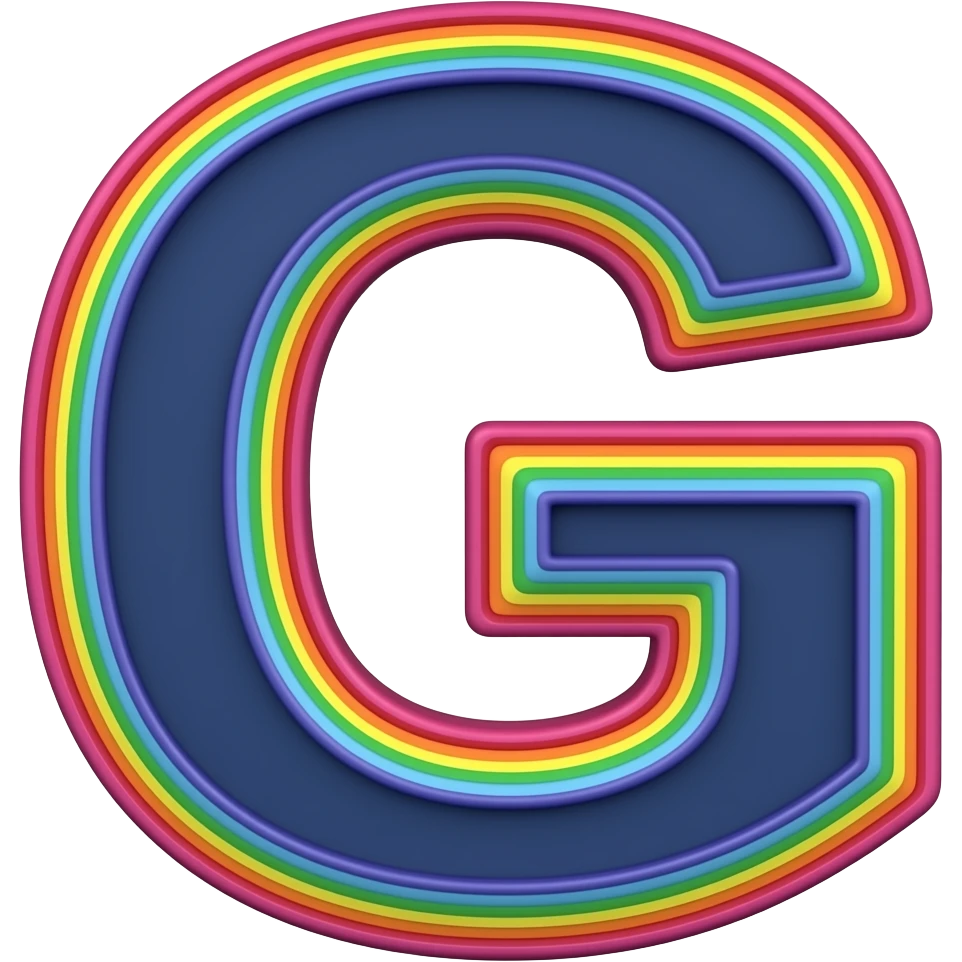 name "G" in navy blue, 3D style typography lettering, each color of the rainbow as a border outlined around each letter, isolated, 3d rendering, no emoji icons no emoji faces and must have no human figures emoji