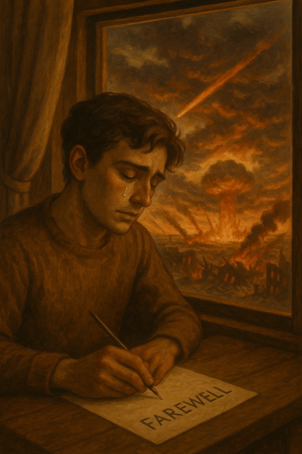 A person writing a farewell letter at a window, outside the world is ending, their face calm but with a single tear, warm and muted palette, peaceful yet sad. emoji