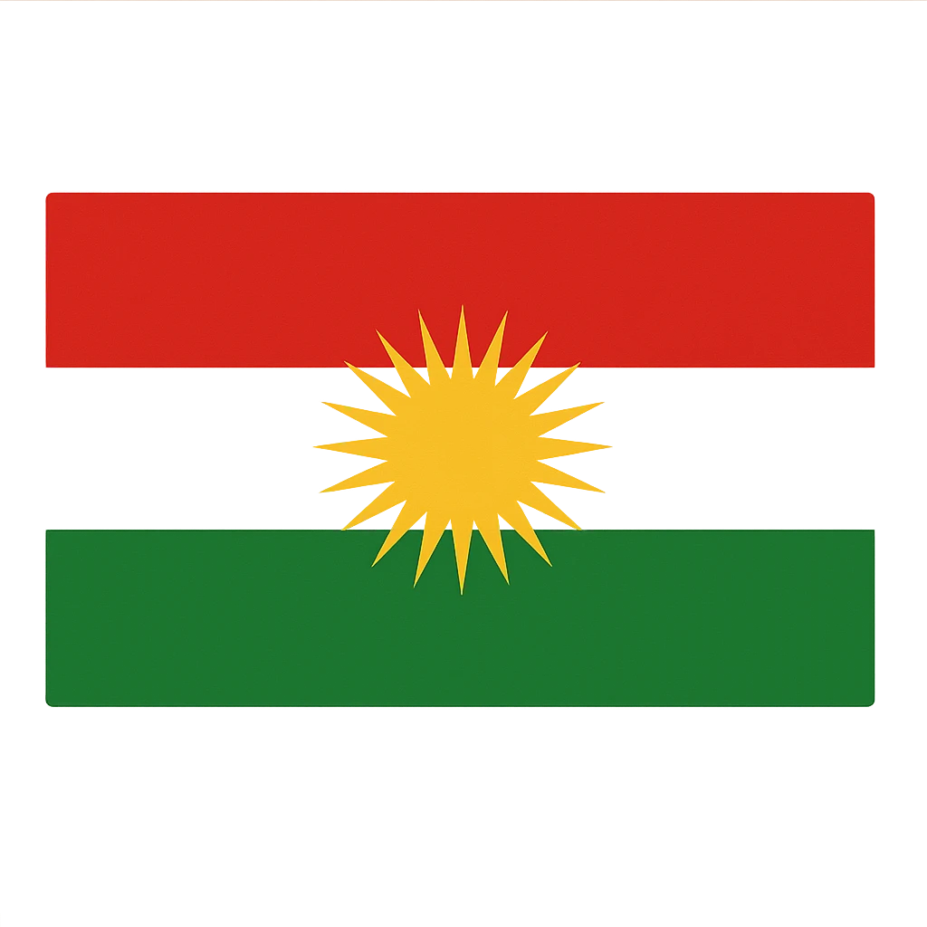 Kurdistan flag, rectangular shape, vivid red, white, and green horizontal stripes, bright yellow sun emblem in the center, vibrant colors, no background emoji