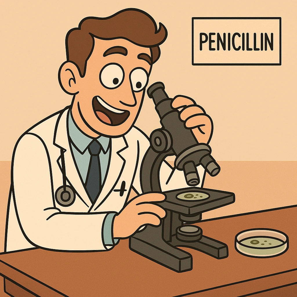   A modern doctor discovering penicillin with a microscope emoji