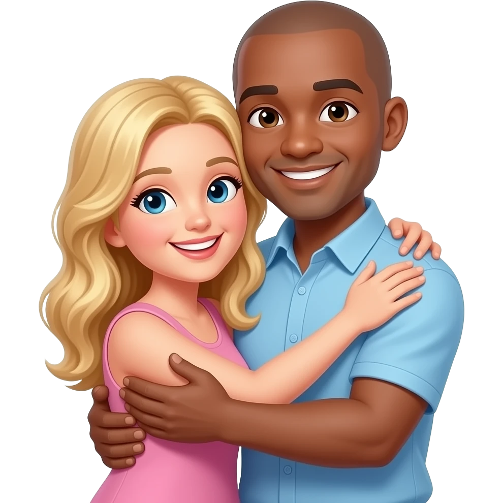 Blond white woman & taller bald brown man hugging emoji