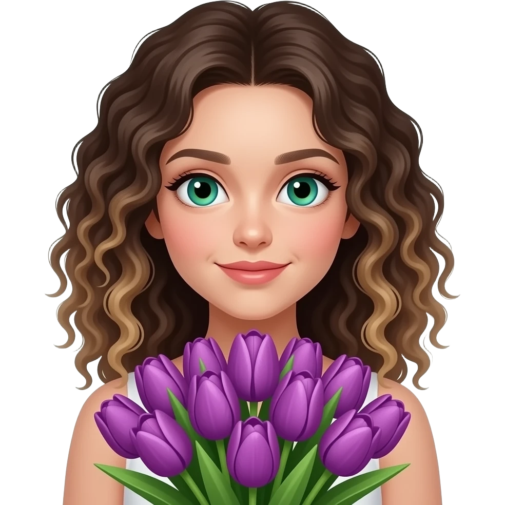 A girl having green/blue eyes and curly highlighted hair holding a bouquet of purple tulips emoji