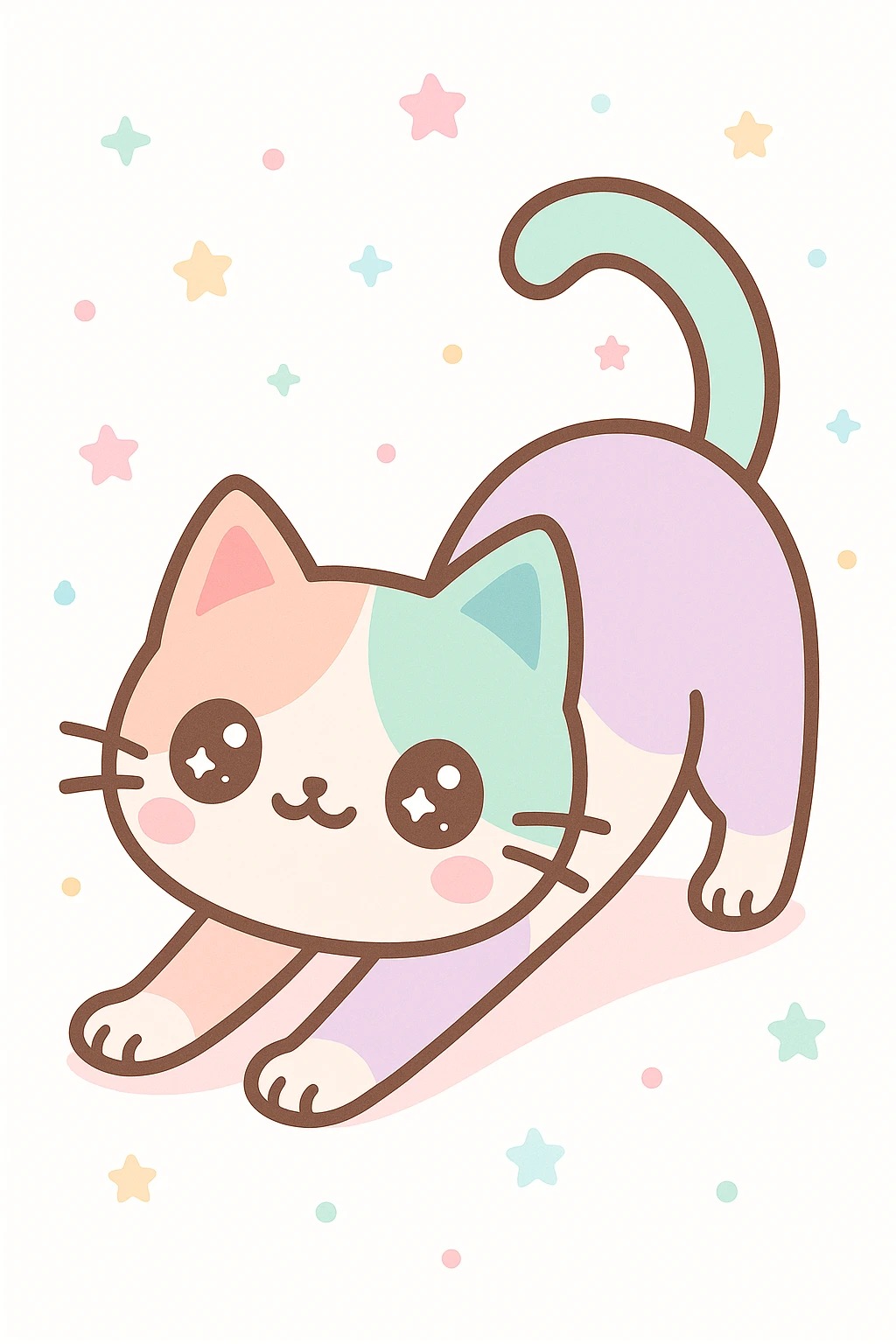 Create a cute pastel cat with big eyes, stretching pose, in kawaii style, suitable for Redbubble products. emoji
