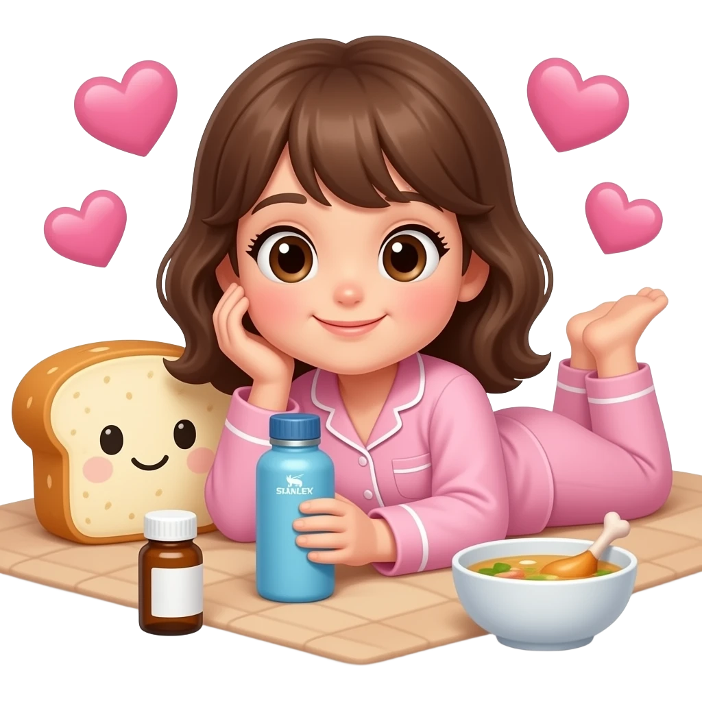 Light brown blanket and bread plushie sick day  with a  girl with brown hair and pink pajama and hearts and a Stanley blue and a medicine and a chicken soup emoji