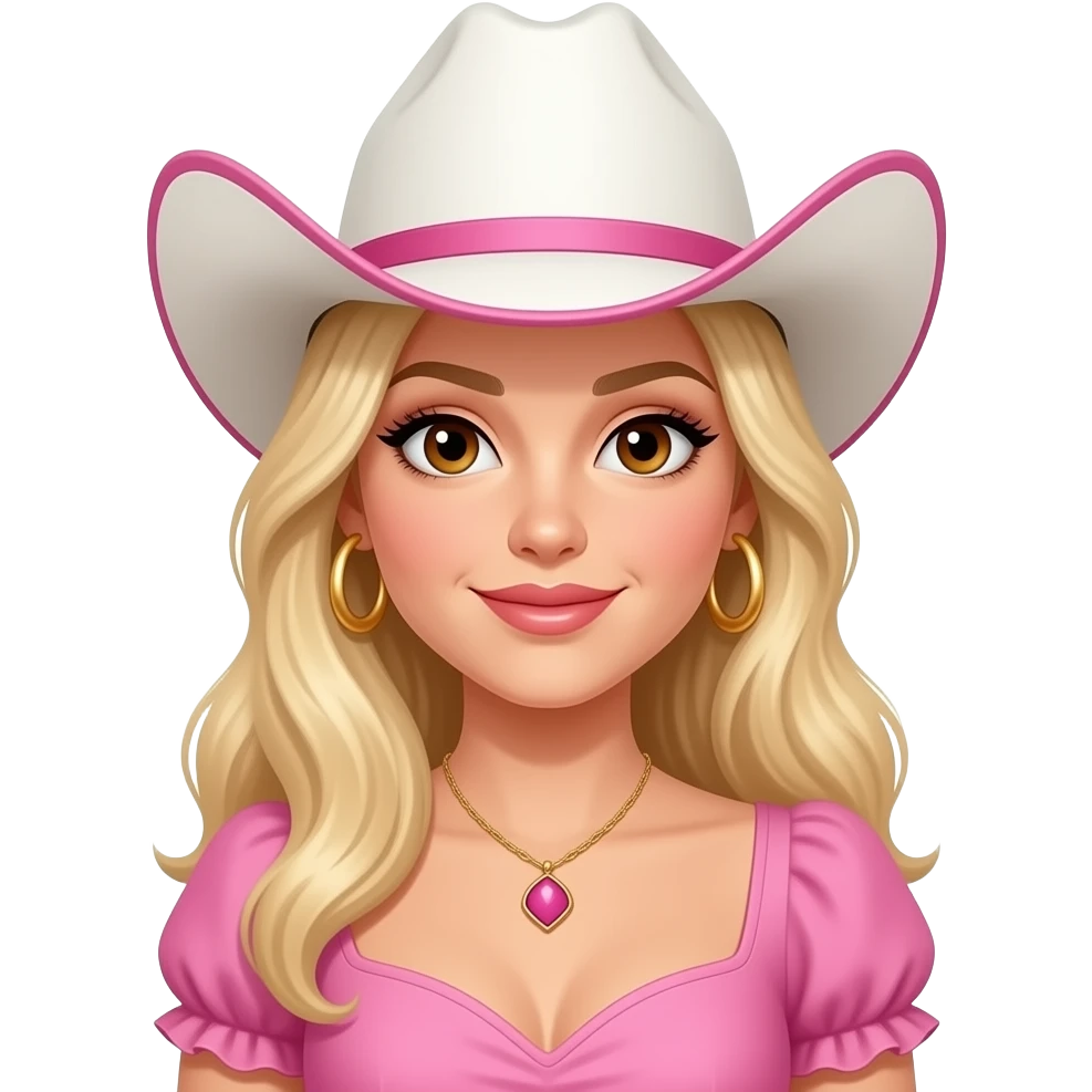 A blond hair brown eye women with a white cowgirl hat with pink and a cute pink dress and gold, hoops, and a cute pink neck necklace emoji