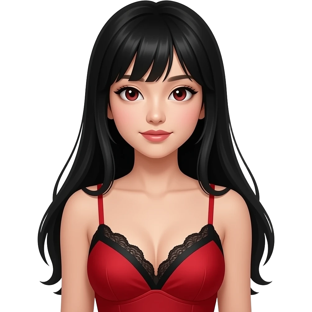 Asian girl with black long hair, pretty siren eyes, a red dress, thin strap, with the top of a black bra showing laced, make her look attractive emoji