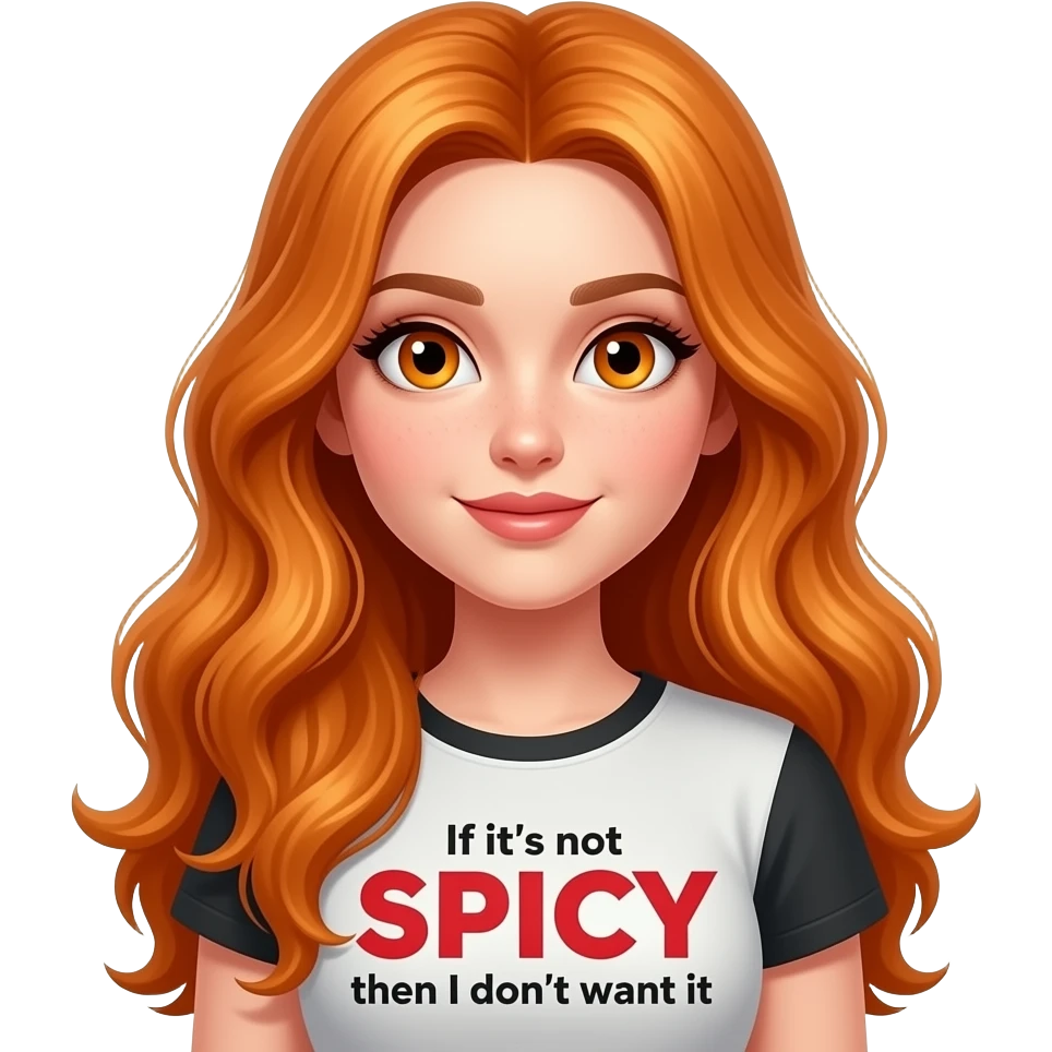 sexy girl with overlong ginger hair and ginger eyes a top with If it's not SPICY then I don't want it written on it emoji