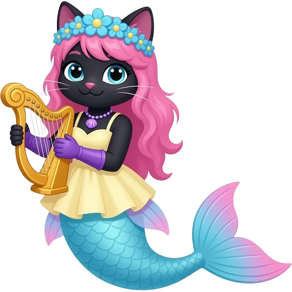 black  anthro cat with pink hair blue flower crown with light purple shell necklace light yellow dress attached to long light blue mermaid tail with pink fins purple gloves holding a golden harp emoji