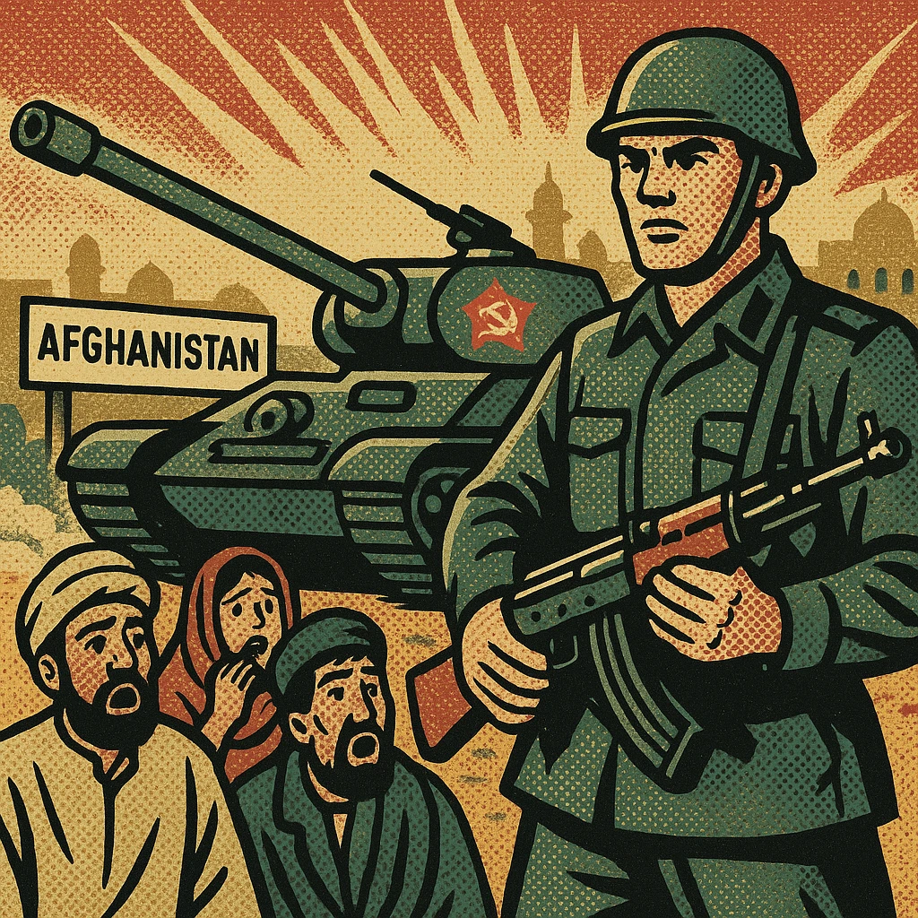Soviet tanks with the communist party badge on the side invading Afghanistan in 1979. One Soviet soldier is standing with a machine gun. The background shows a middle eastern country with Afghan people in shock. There is a sign saying Afghanistan in the background emoji