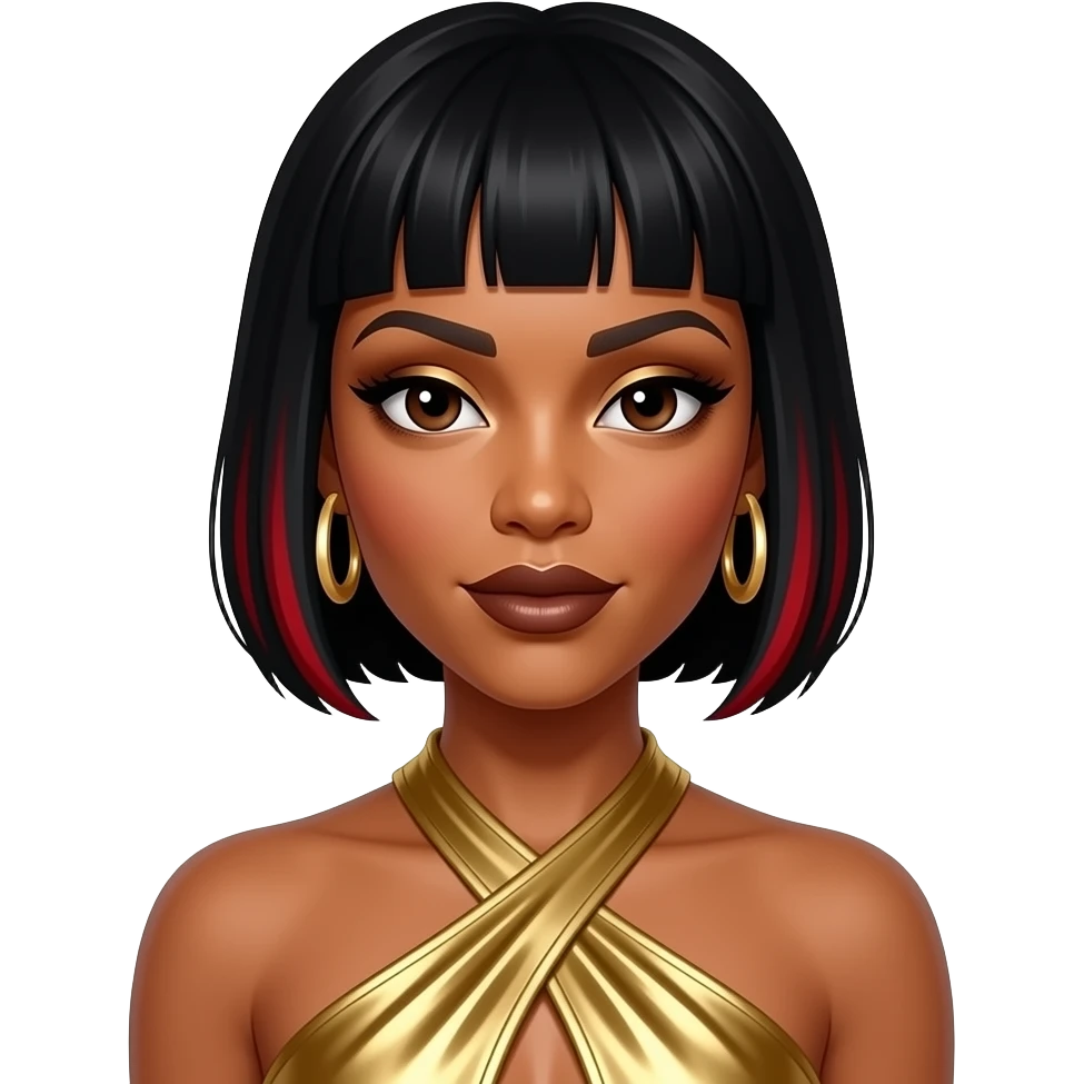 Kelly Rowland from Destiny's Child with dark brown eyes, black 2000s short spiky pixie bang hair red highlights, gold eyeshadow, dark brown lipstick, gold metallic halter dress, gold earrings emoji