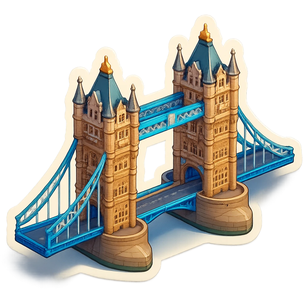 Isometric illustration of photorealistic Tower Bridge in London, detailed towers and suspension sections, subtle brick and metal textures, miniature style with soft shadows, transparent background. emoji