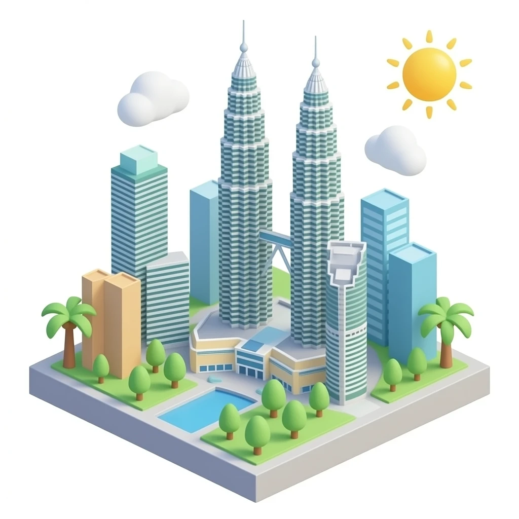 3D isometric miniature emoji of Petronas Twin Towers, with Kuala Lumpur skyline and small palm trees, cute chibi style, rounded shapes, glossy vibrant colors, soft lighting, tiny diorama, minimal background emoji