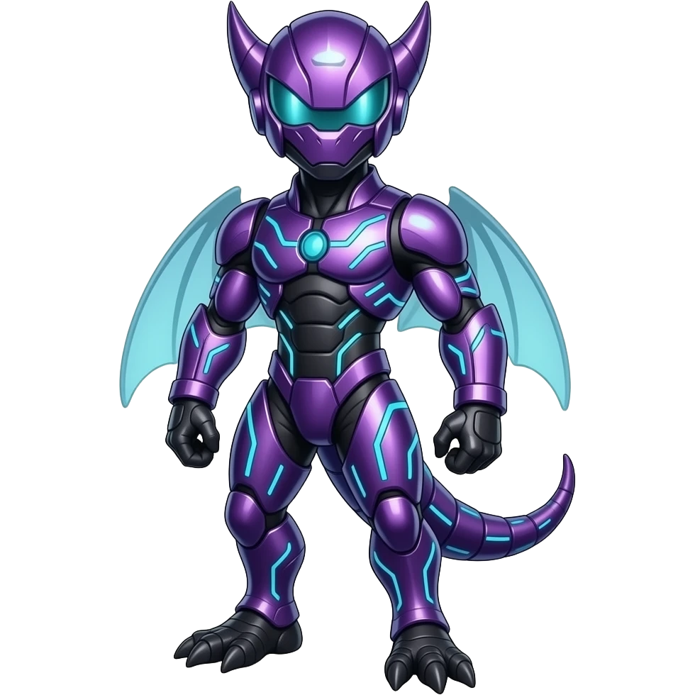 a shiny purple Genesect-Flygon-Raptor-Fakémon—hybrid with a futuristic visor-helmet full body emoji