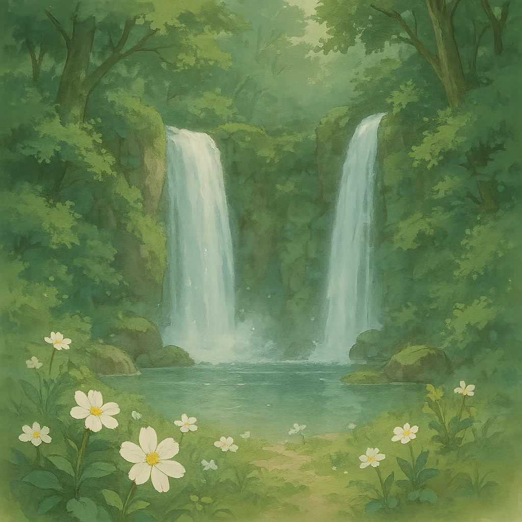 double waterfall in forest, some white flowers, natural colors, soft, fairy-like atmosphere, no background, square size emoji