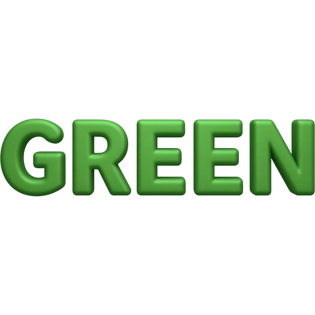 3D letters of the word GREEN in a green color. in cotton fashion material. on one row. emoji