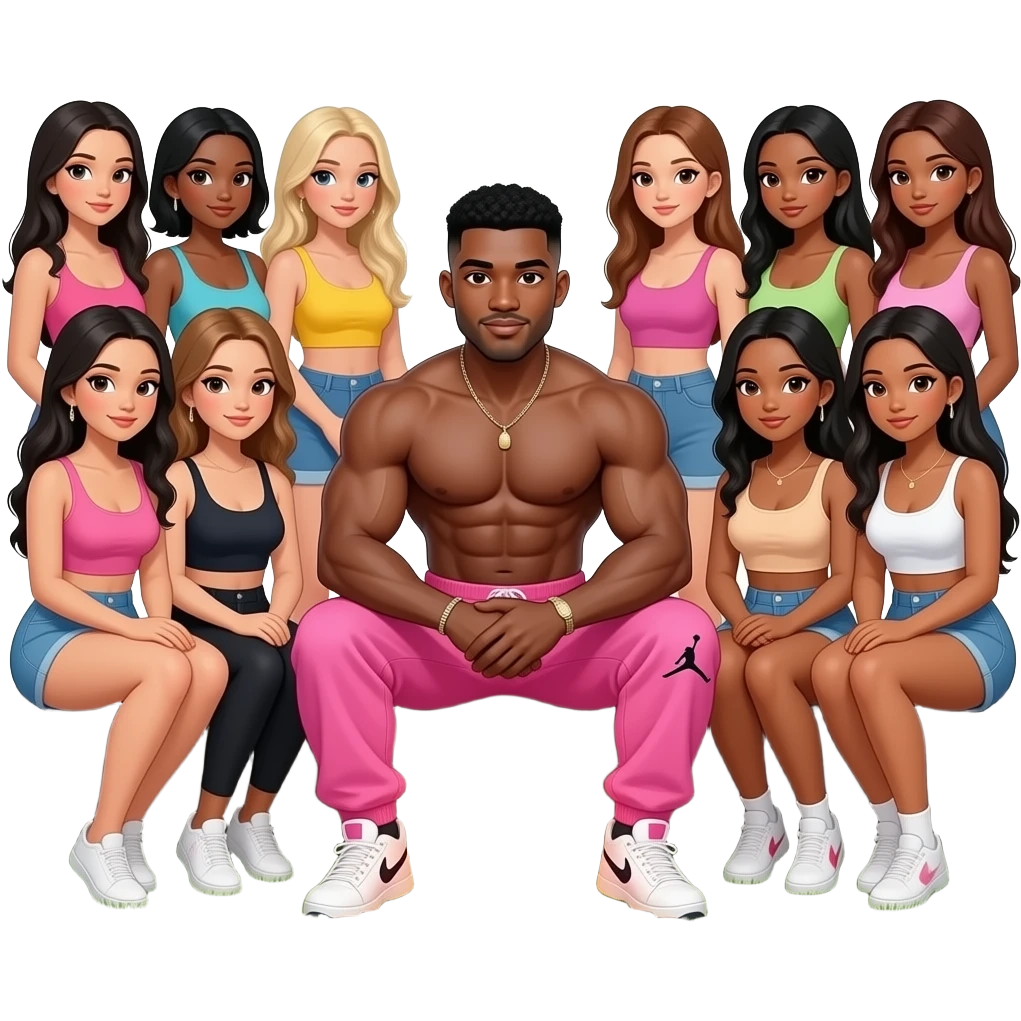 make a black skinned 20 year old man with a low taper fade with abs and big muscles in pink jordan pants sitting around a big fire in his backyard and like 10 girls are surrounding him staring at him emoji