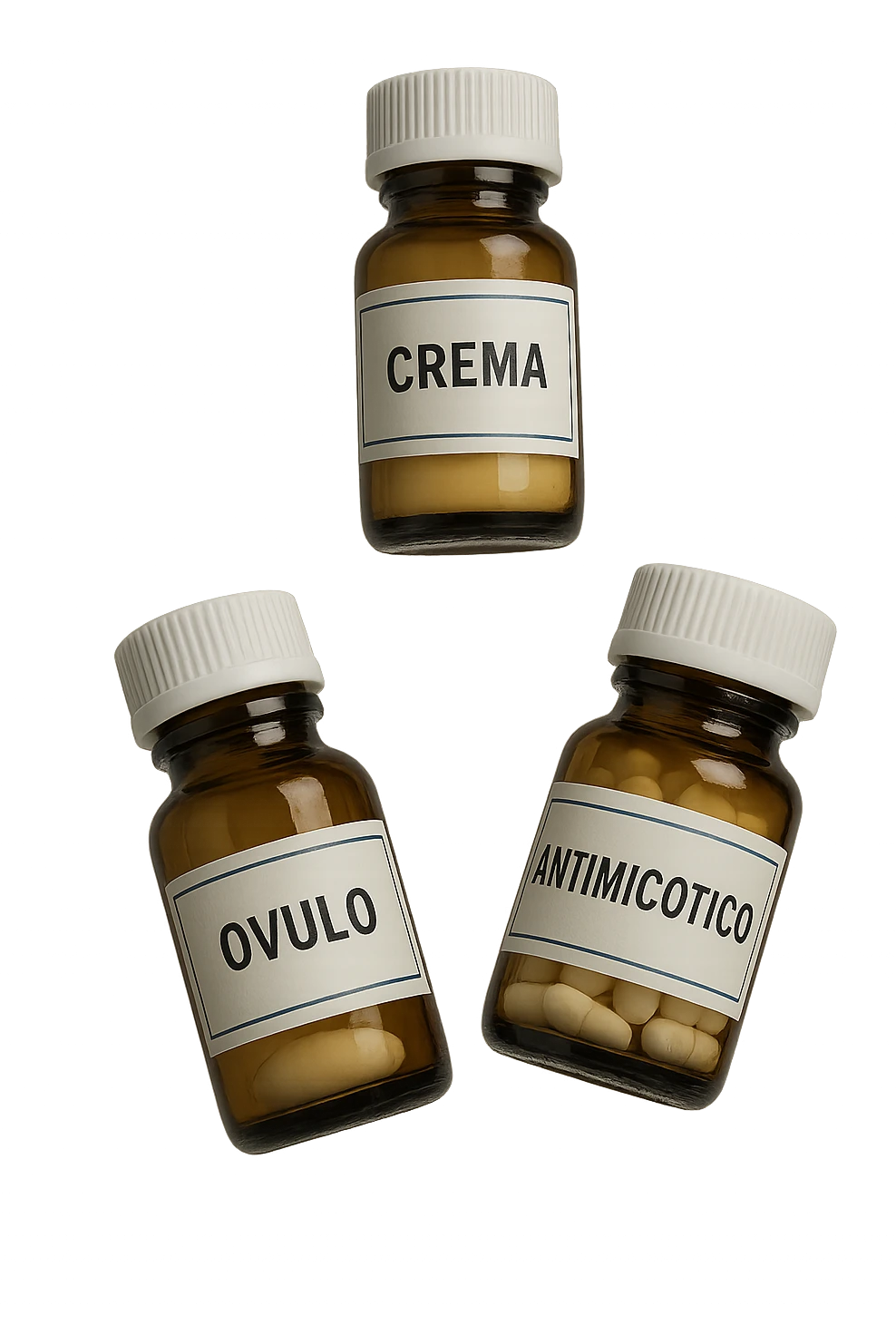 boccette di farmaci fluttuano in aria con le scritte: crema, ovulo o antimicotico in italiano sulle etichette, IPERREALISTICO 4K emoji