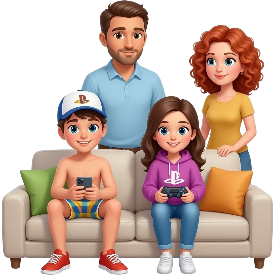 UN ADOLESCENTE CON UN CELULAR SENTADO EN UN SILLÓN USANDO GORRA Y VISTIENDO UN BUZO, OTRA ADOLESCENTE SENTADA EN EL SILLON JUGANDO A LA PLAY CON ROBA HOODIE. PADRE DE PELO CASTAÑO PÍEL MORENA Y MADRE COLORADA DE CABELLO RIZADO MIRANDO DESDE ATRAS DEL SILLÓN. emoji