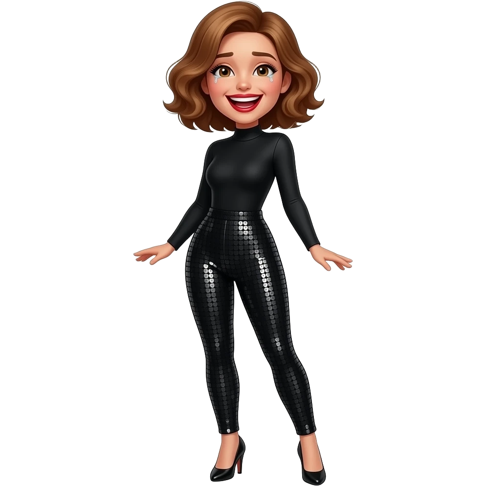 glamours,-tanned,-very-beautiful-woman-with-big-plump-red-lips,-long-long-lashes,-honey-silky-very short- hair,-wavy-hair,-hazel-eyes- wearing-black-Long-sleeved-bodysuit-and-black-sequinned-pants-black-black stilettos-and-laughing-out-loud-with tears-full body emoji