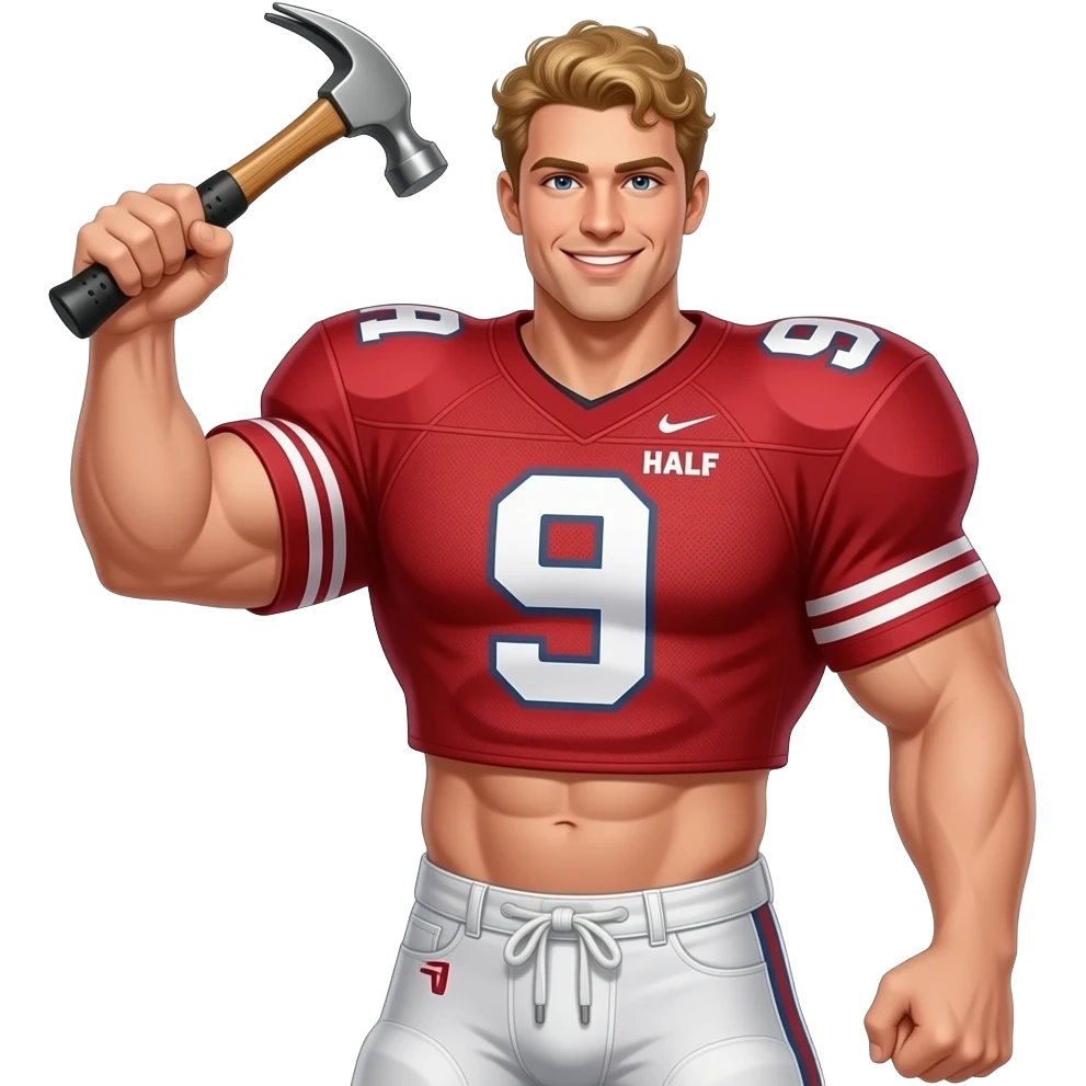 Muscle man with curly blonde hair big boobs holding hammer wearing red football jersey with number nine and one half on shirt  in shorts emoji
