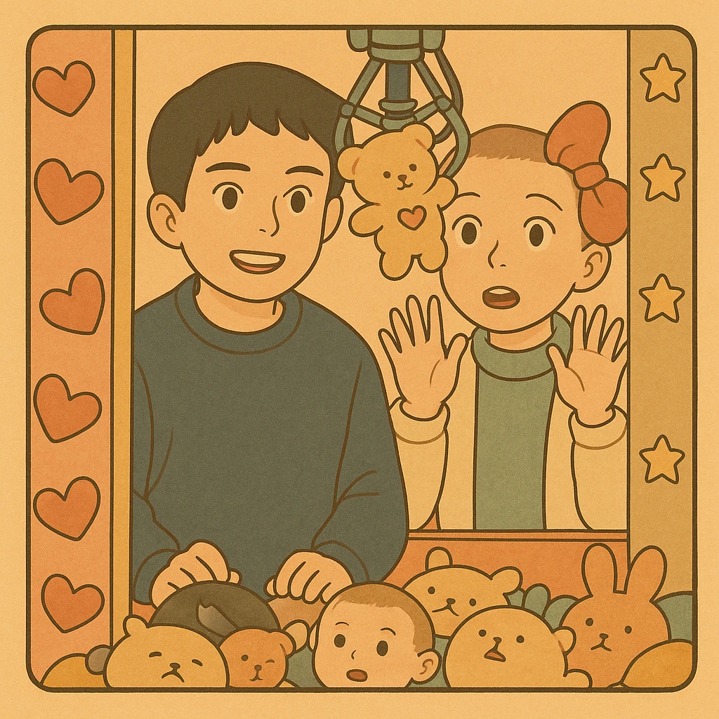 Mike and Eleven from Stranger Things inside a claw machine filled with plush toys, in delicate Ghibli style with thick dark outlines, colored in pastel tones as per the reference examples. Variation 1: Mike smiling, Eleven surprised. emoji