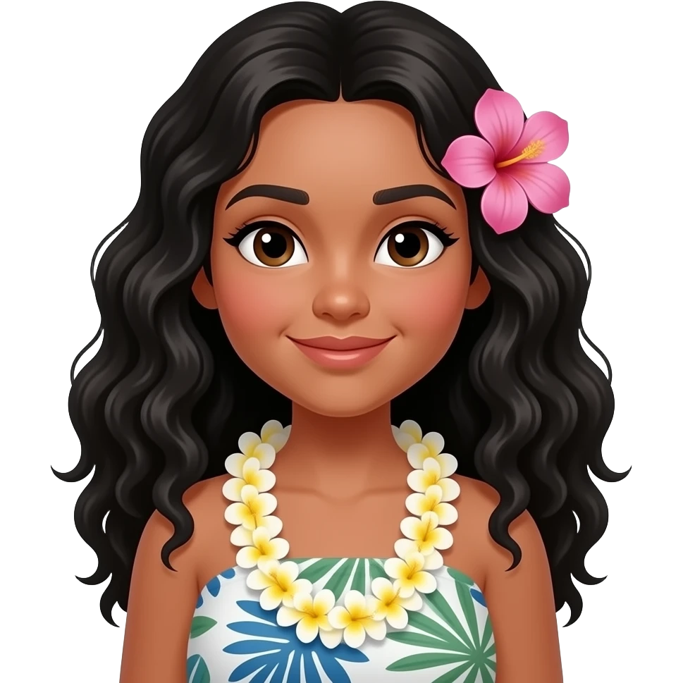 hawaiian girl, long black curly hair, with pink flower on her hair emoji