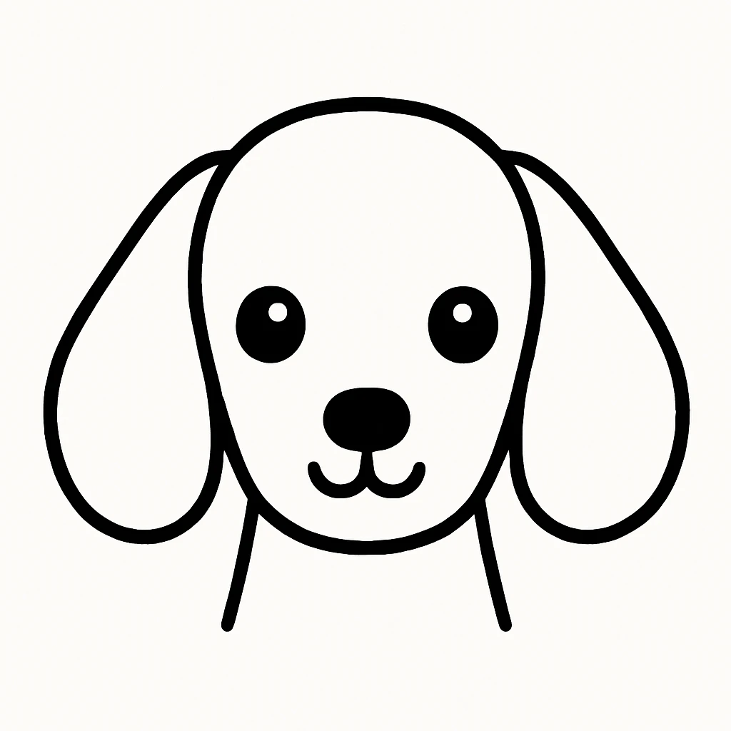 Minimalist kawaii line art of a Dachshund dog's head: long, oval head, long floppy ears, very simple face with two dot eyes, tiny round nose, upside-down 'Y' mouth. Thick, bold, clean black lines on white background, symmetrical, calm and sweet expression. No color or shading, just black linework. Slightly hand-drawn but polished, child-friendly. emoji