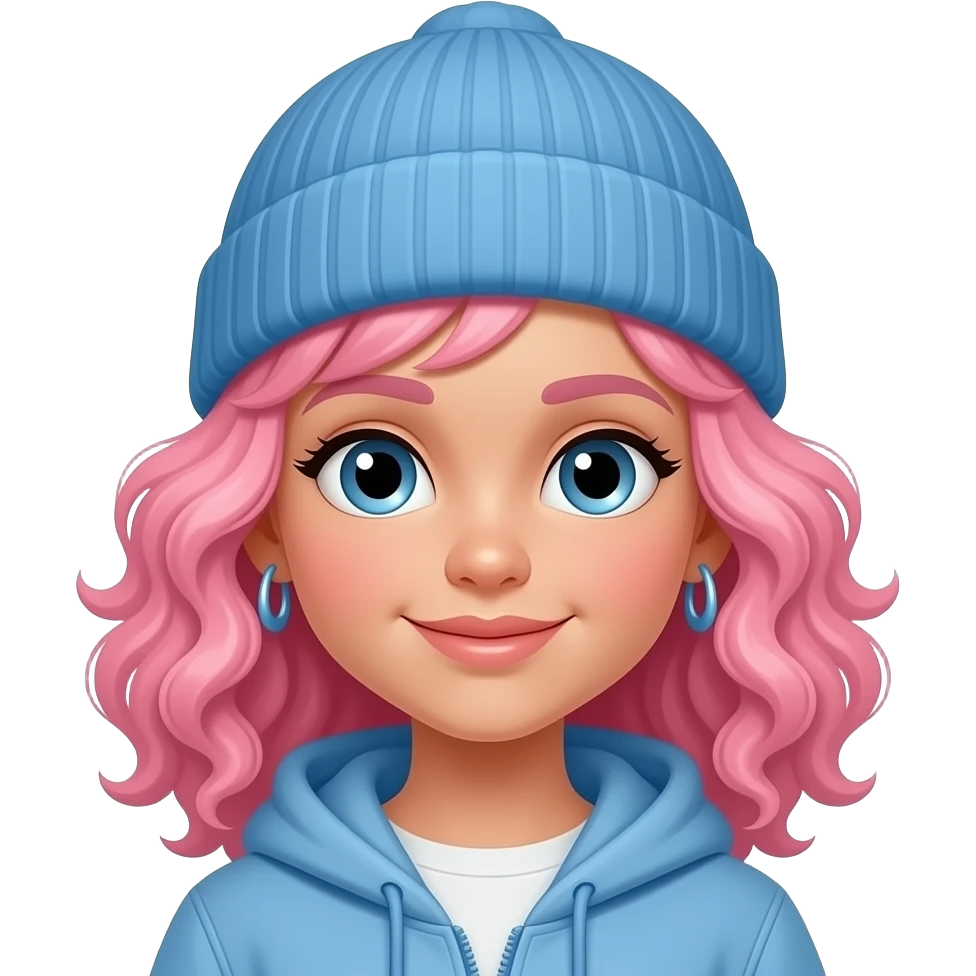 little girl with curly pink hair and blue beanie and earrings emoji