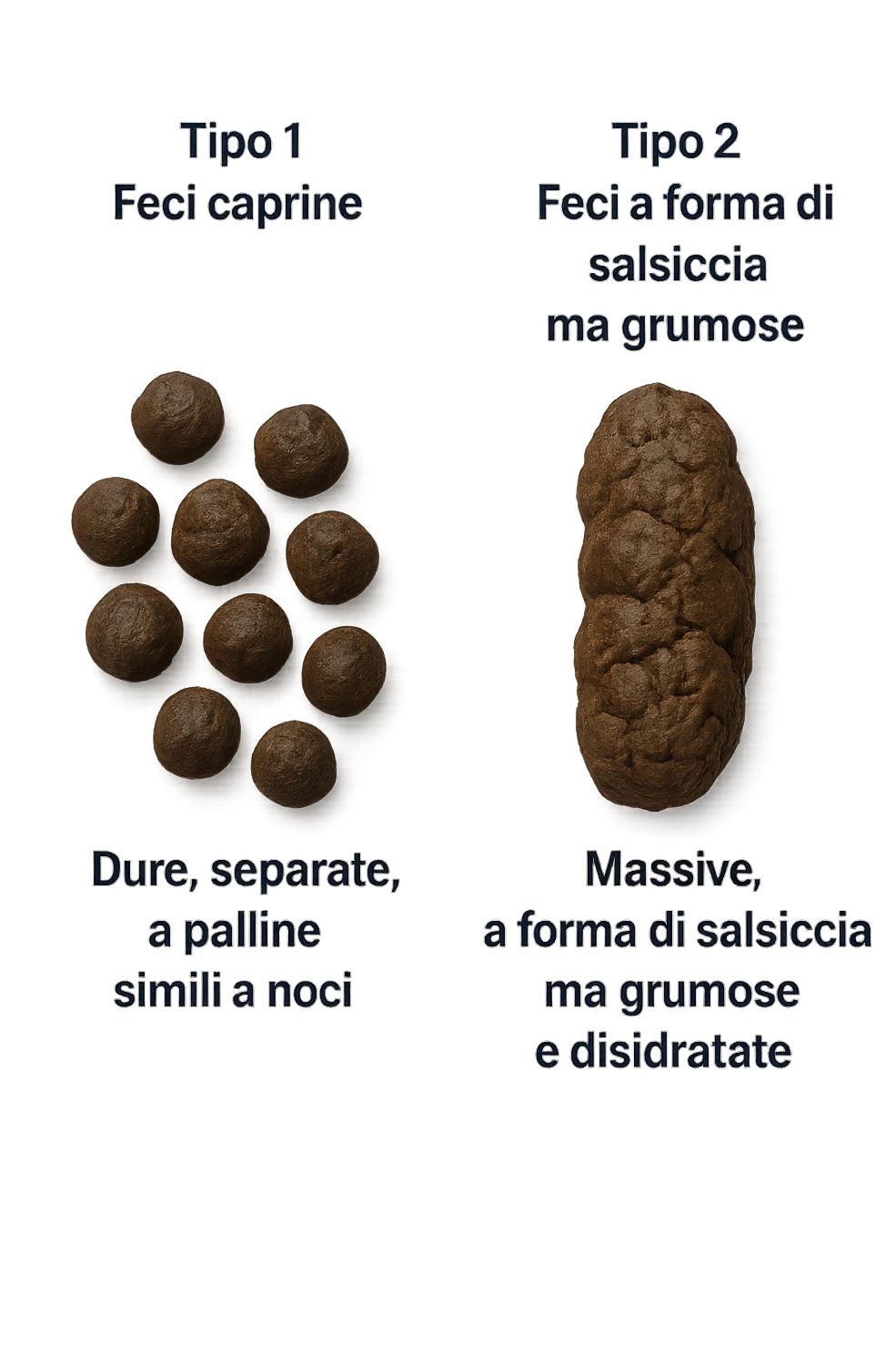 immagine di due tipi di feci iperrealistiche viste dall'alto con descrizione:
Tipo 1 – Feci caprine
Palline dure, separate, simili a noci

Tipo 2 – Feci a forma di salsiccia ma grumose
Massicce e disidratate.
 emoji