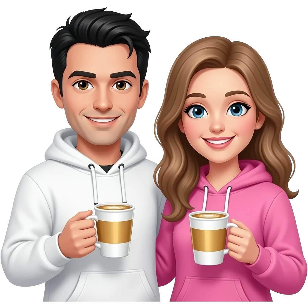Gothic man and woman with sweet smiles golding vanilla lattes and wearing white and pink hoodies emoji