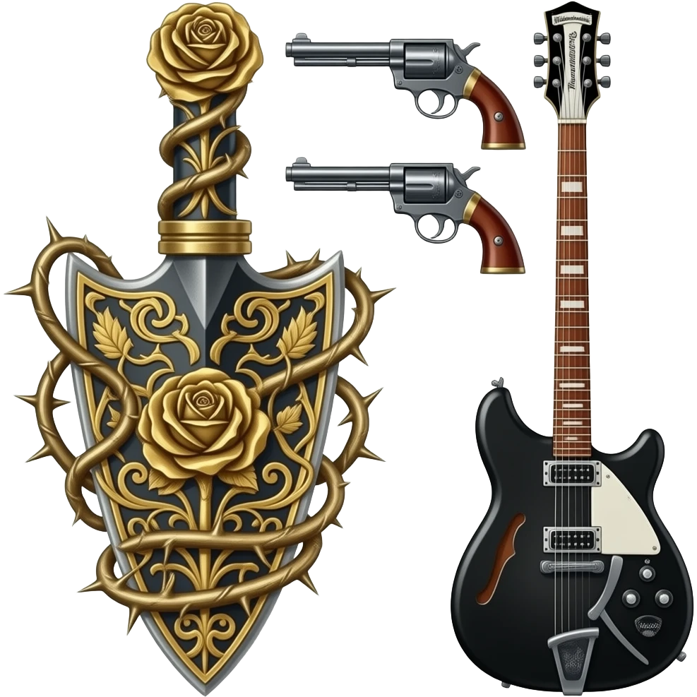 richly ornamented spade surrounded by tendrils of thorns and antique 1851 Navy Revolvers and Rickenbacker Motorhead MODEL 4003SW emoji