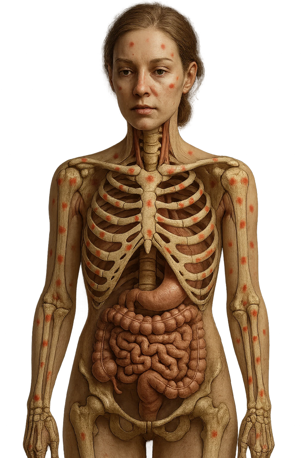 corpo umano anatomico di una donna affetta da fibromialgia, intestino anatomico realistico e red spot sparsi sulle sue ossa, iperrealistica 4k emoji