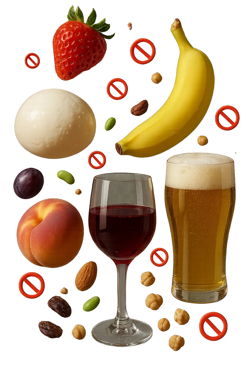 mozzarella, frutta legumi, frutta secca, birra e vino realistici fluttuano in aria con piccoli divieti 3d, IPERREALISTICO 4K emoji