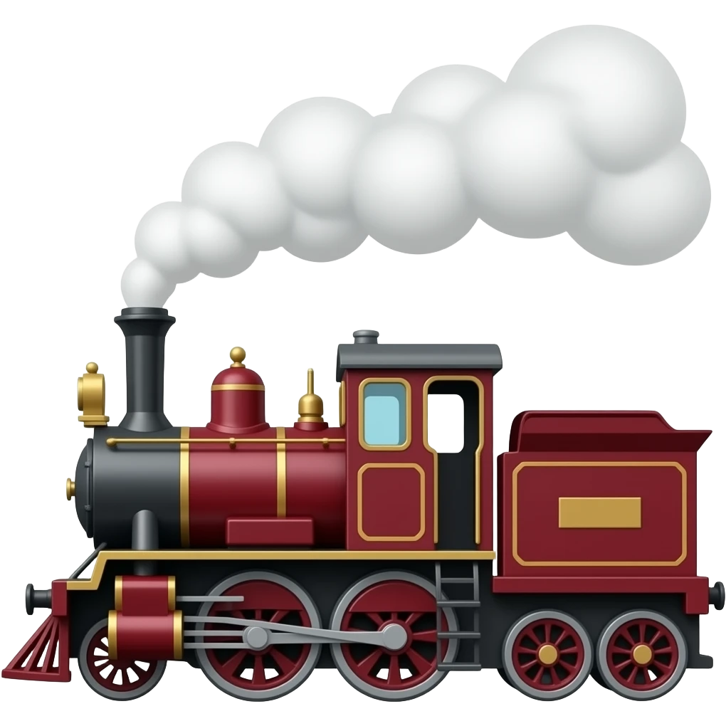 side view of a maroon steam train, classic emoji style, floating emoji