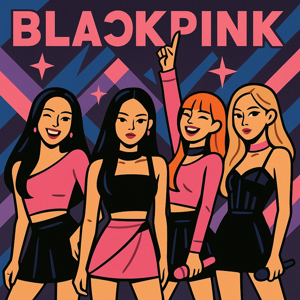 Blackpink K-pop girl group four members pink and black outfits confident glamorous stage presence dynamic pop culture style emoji
