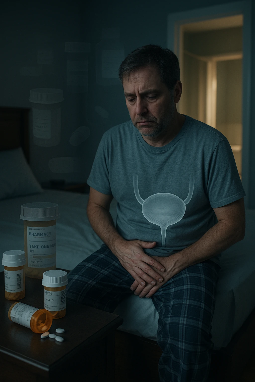 A middle-aged man sits on the edge of his bed in a dimly lit bedroom, looking exhausted and frustrated. On the nightstand beside him are several prescription pill bottles, loosely organized, some open — suggesting long-term medication use. In the background, the bathroom door glows softly, partially open, with a faint reflection of the toilet visible, indicating frequent nighttime trips. The man wears a loose T-shirt and pajama pants, his posture slightly curved as he gently touches his lower abdomen, symbolizing bladder discomfort. His eyes have dark circles, his expression is drained. The color palette is muted blues and greys, with a cinematic soft focus and ambient light highlighting emotional fatigue. A subtle overlay of pill labels and bladder imagery could be added for educational use. emoji