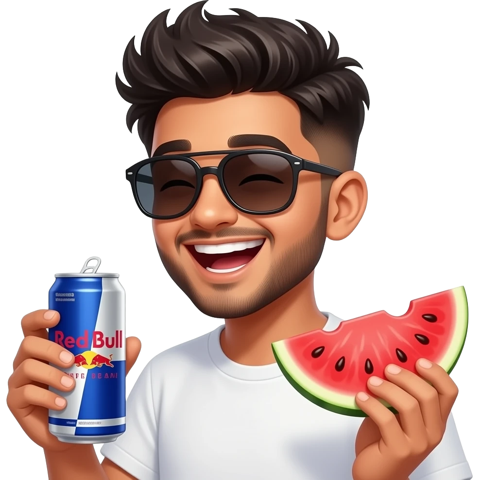 Indian boy giggling, young, late teens, with light trimmed beard, side fades with messy spikes hairstyle, drinking red watermelon Can Red Bull with big wayfarers emoji