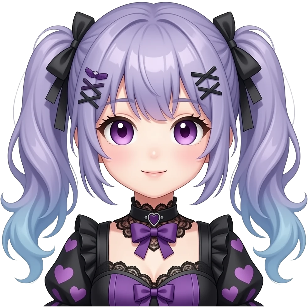 Cute colorful trendy aesthetic pretty anime woman lady vtuber with, gothic, fringes, laces, heart patterns, ribbons, emoji