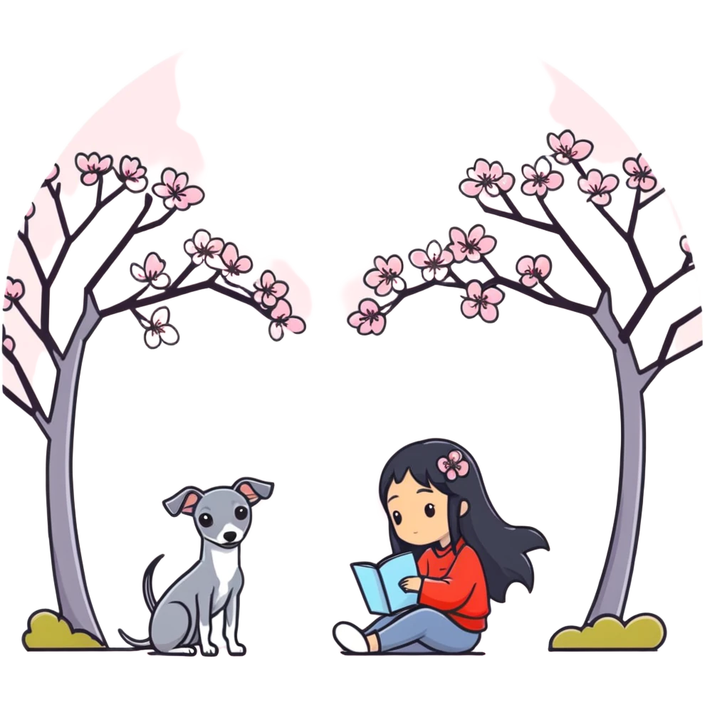 A beautiful 25-year-old Chinese woman with long black hair and a pure dark grey Italian Greyhound with absolutely NO white markings anywhere on its body sitting under a cherry blossom tree. The dog must be completely solid dark grey with no white on muzzle, paws, or chest. emoji