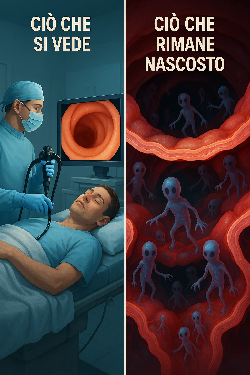 A split-screen medical illustration in cinematic style: on the left side, a doctor performing a colonoscopy on a patient in a sterile clinic, with the endoscopic camera displaying clean, healthy mucosal surfaces on a screen. On the right side, a symbolic cross-section of the same intestine — but shown in deeper layers beneath the surface, where parasitic organisms (small, translucent or shadowy figures) hide between folds and tissues not visible via standard scope. The contrast is clear: what is seen vs. what remains hidden. Lighting on the left is bright, sterile, clinical; lighting on the right is darker, with red and blue tones to suggest inflammation and invasion. Shot in hyper-realistic 3D medical style, educational but emotionally charged IN ITALIANO emoji
