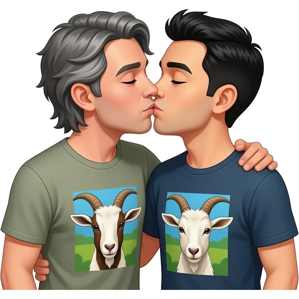 Two men with goat tee kissing passionately, one with a goat tee medium growth and gray hair and the other guy black hair with a black goat tee emoji