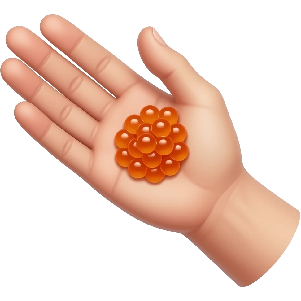 A “caviar bump” placed on the back of the hand, specifically in the soft area between the thumb and index finger, slightly above the knuckle. The caviar is gently mounded in a small, rounded pile, sitting naturally on the skin with a glossy texture. emoji