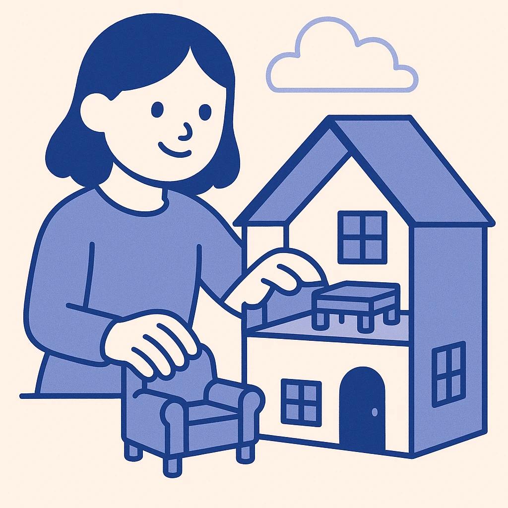 smiling girl arranging furniture in doll house emoji