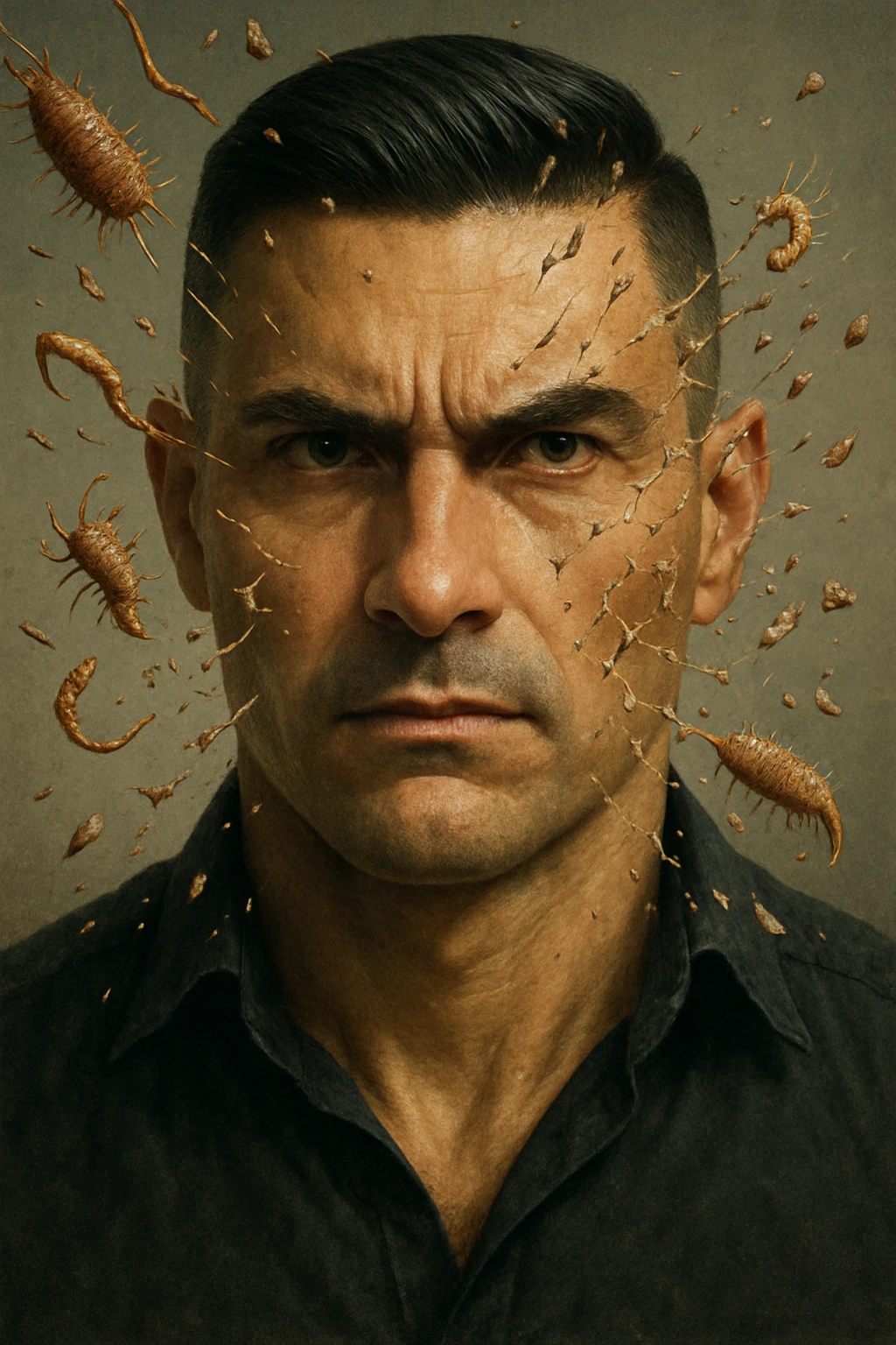 Vertical portrait of a man's face in a realistic style with a determined expression. Parasites shatter against an invisible barrier, evoking an atmosphere of victory and well-being. emoji