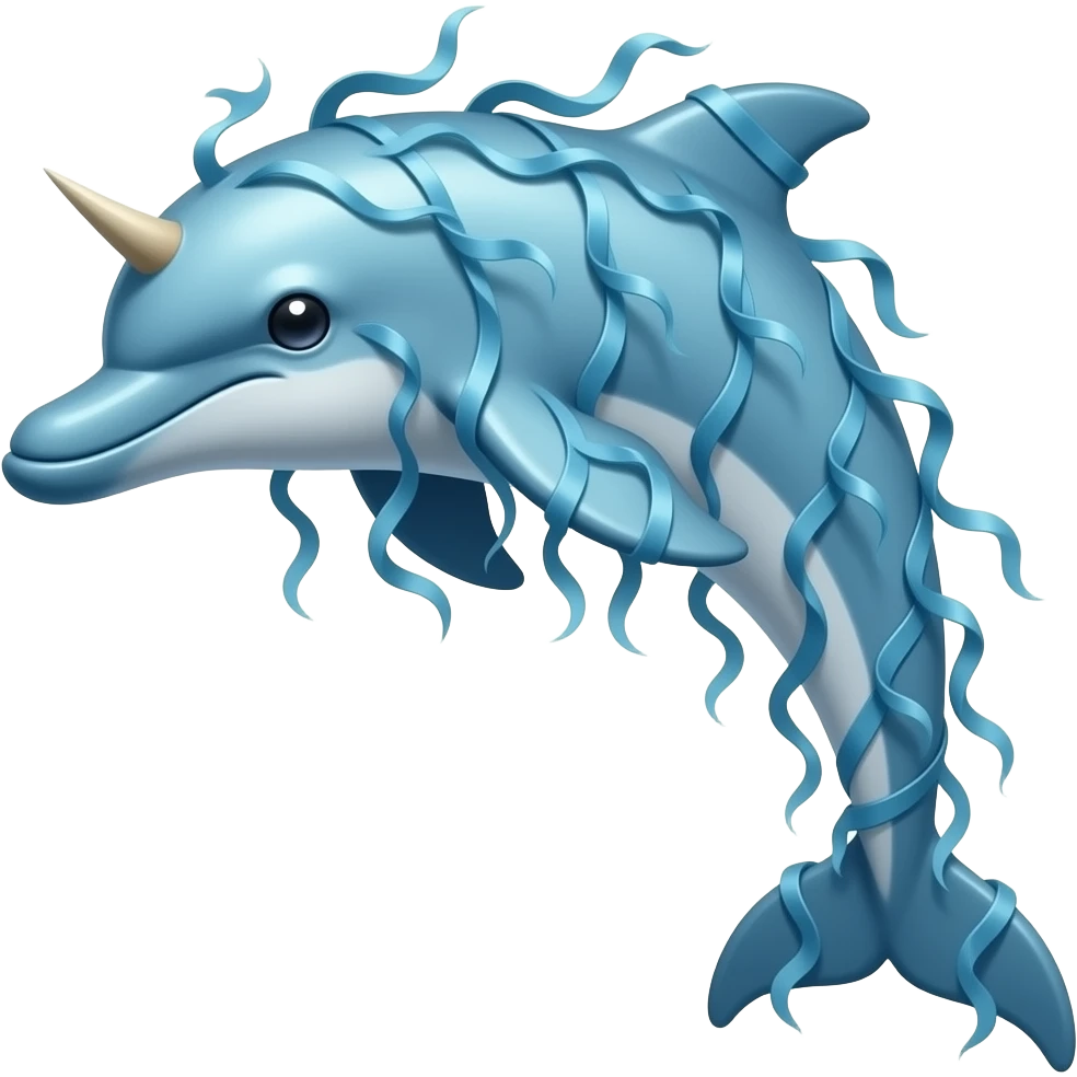 Kelphin A graceful light blue dolphin creature covered in ribbon-like seaweed with spikes and a horn. Pitch black eyes, drilling muzzle emoji